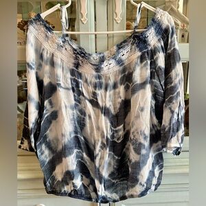 BCX Navy and White Tie-Dye Off-Shoulder Tunic